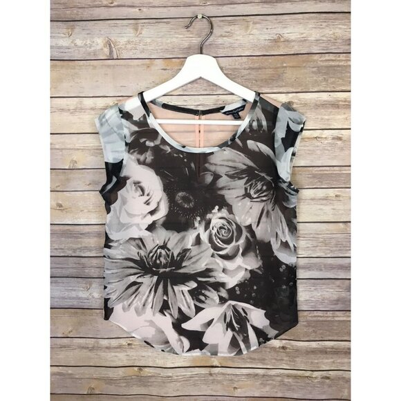 American Eagle XS Sheer Floral Shirt Top Blouse Colorblock Roses Cap Sleeve - Picture 1 of 7